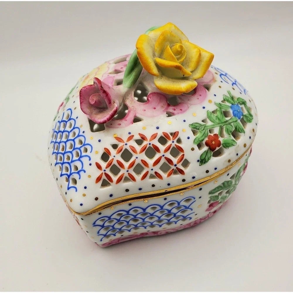Royal Danube Heart Porcelain Trinket Box Hand Painted Rose Reticulated 1886